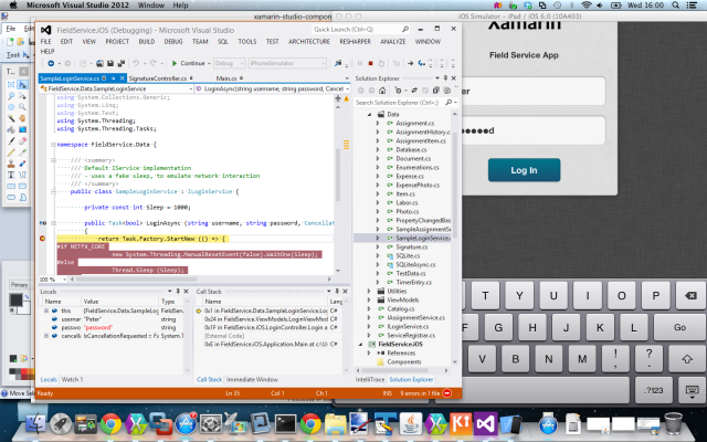 iOS Simulator on the right, pretending to be an iPad. Visual Studio on the left, debugging the iPad.