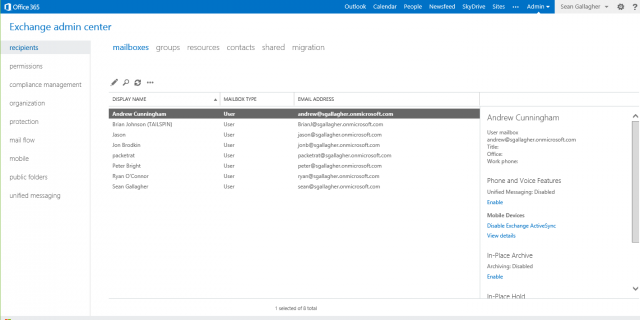 The Exchange Admin Center, the new Web-based console for managing Exchange 2013 and Exchange Online.
