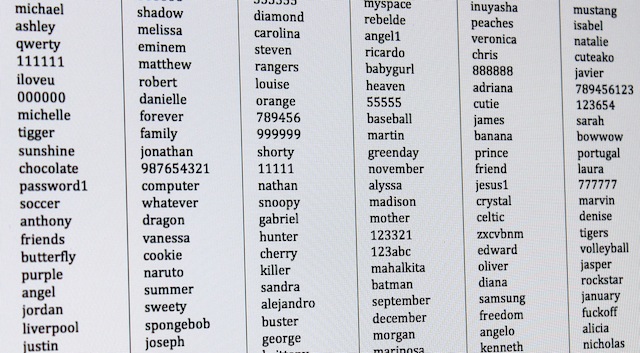 A small slice of the infamous RockYou wordlist.