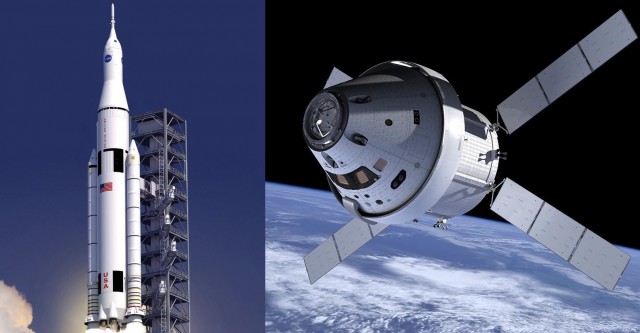 Artists' conception of the SLS launch vehicle, left, and the Orion capsule, right.