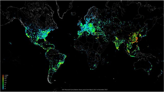 Carna Botnet's 420,000-client distribution, March to December 2012.