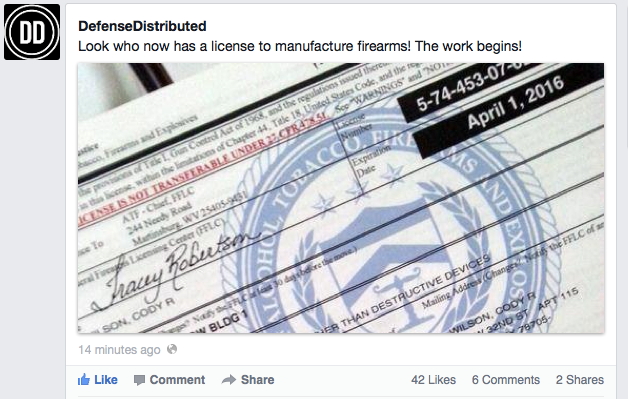 On Saturday, Cody Wilson of Defense Distributed became an federal firearm licensee.