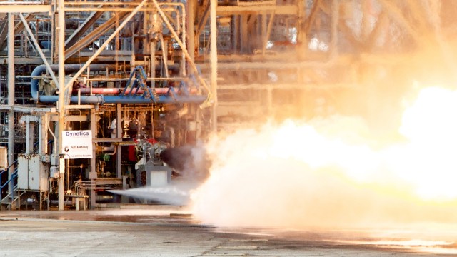 The resurrected F-1 gas generator being test fired at Marshall Space Flight Center.