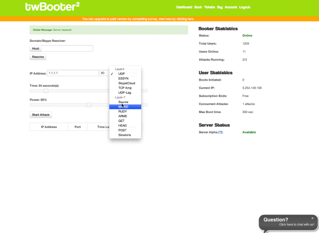 The Web form for launching attacks from TwBooter's free attack service. 