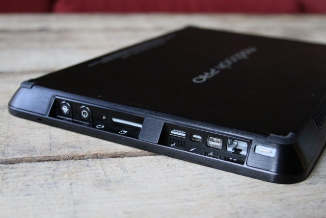 The ModBook Pro's ports are best seen while flipped upside down.