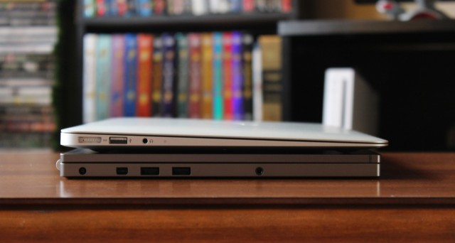 The Chromebook Pixel underneath a 13-inch MacBook Air. Overall, the Pixel is just a little on the plain and boxy side, but that’s actually a bit of a statement in a sea of logo-stamped PCs.