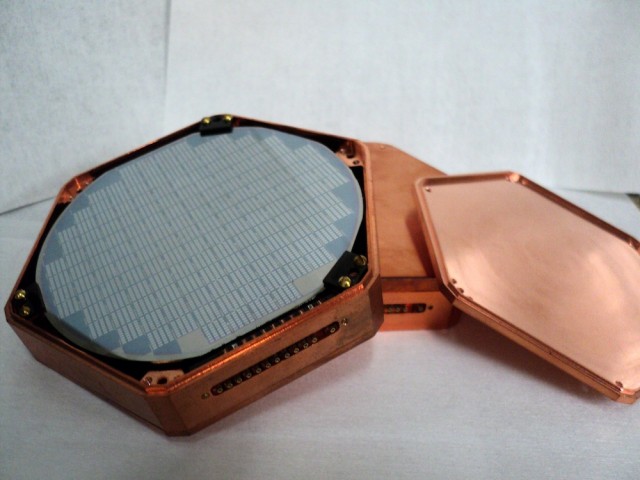 One of the silicon detectors, fabricated at Stanford University, used in this dark matter search