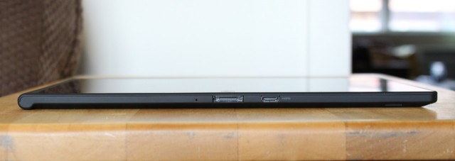 The bottom of the tablet houses the mini HDMI port and dock connector.