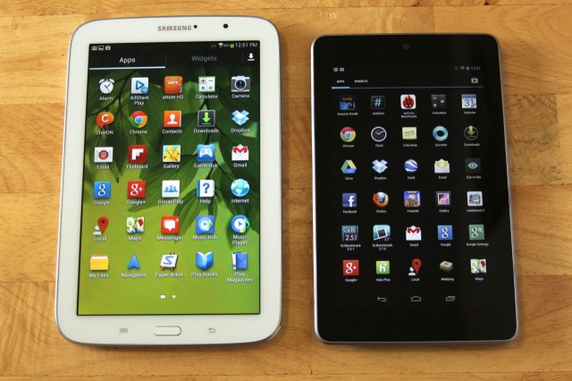 The Note 8.0 (left) is slightly larger than the Nexus 7 (right), but the two are still playing in the same ballpark.