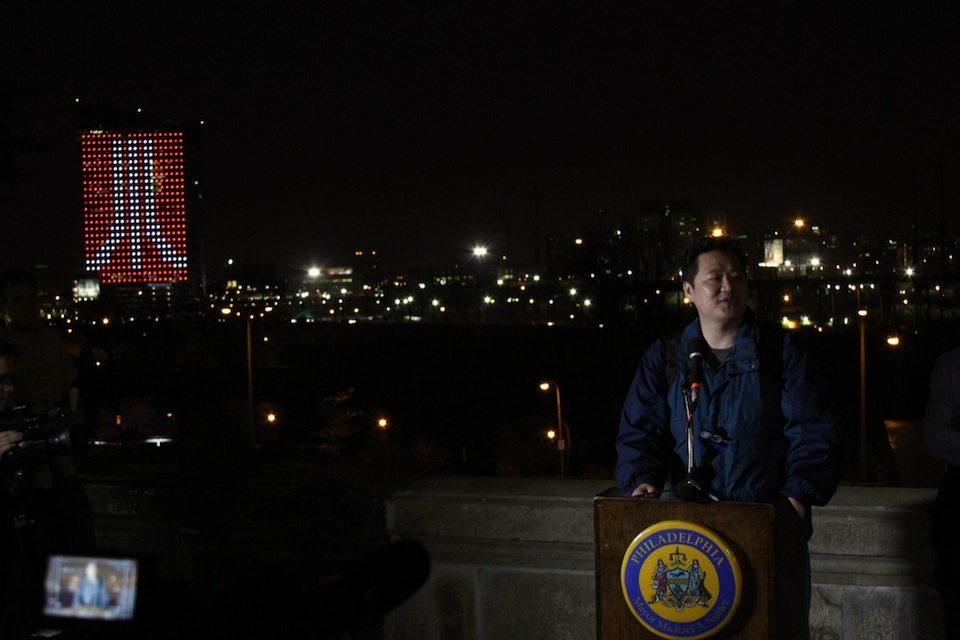 Frank Lee, Drexel computer science professor and Co-Founder and Co-Director of Drexel's game design program, introduces his game on Friday night.