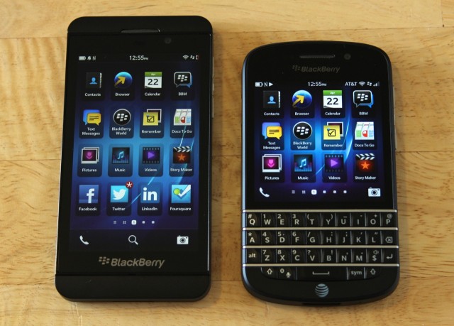 The BlackBerry Z10 (left) and Q10 (right): the Q is for QWERTY. The phone will be available in the US from all major carriers "by the end of May."