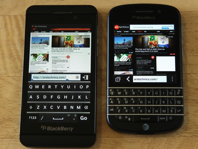 The Z10's software keyboard actually obscures a bit more of the screen area than the Q10's, but the software keyboard can be dismissed to regain that screen space.