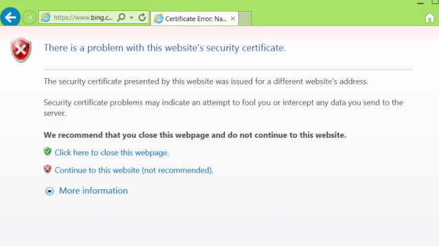 Visiting Bing with HTTPS yields this error in Internet Explorer 10.