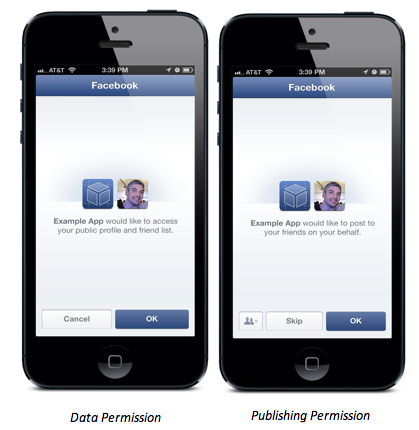 The new permission dialog for apps that will let users share directly to Facebook. 