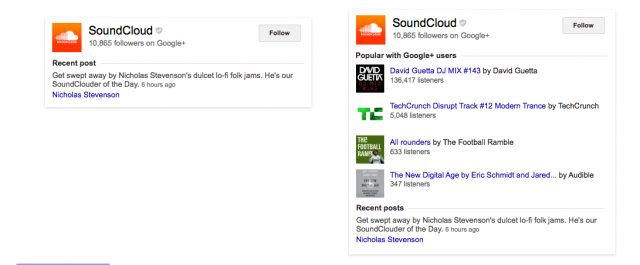 Soundcloud search results, before (left) and after (right) the addition of Google+ user data streams.