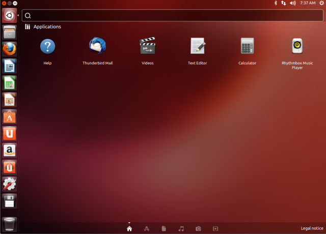Ubuntu 13.04 default desktop, with the Dash open.