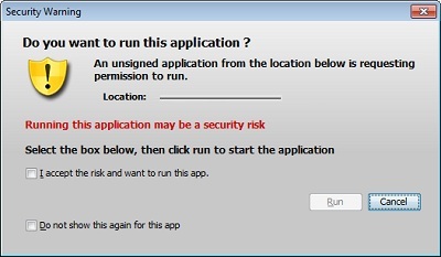 A dialog box presented by Java when it encounters an application that isn't signed by a digital certificate.