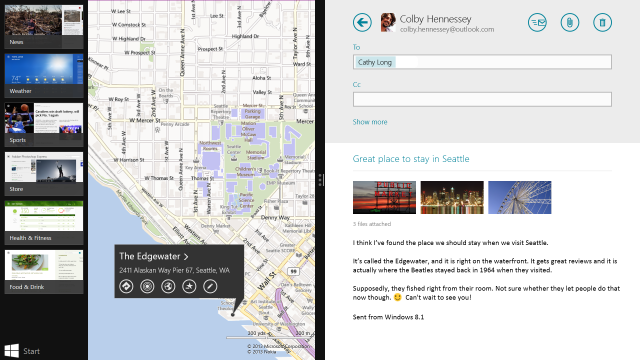 The split view that allows the simultaneous use of multiple Metro apps is now flexible, allowing you to pick how screen space is apportioned. Note also the task switcher is visible, showing off the new Windows logo-based Start button, replacing Windows 8's thumbnail design.