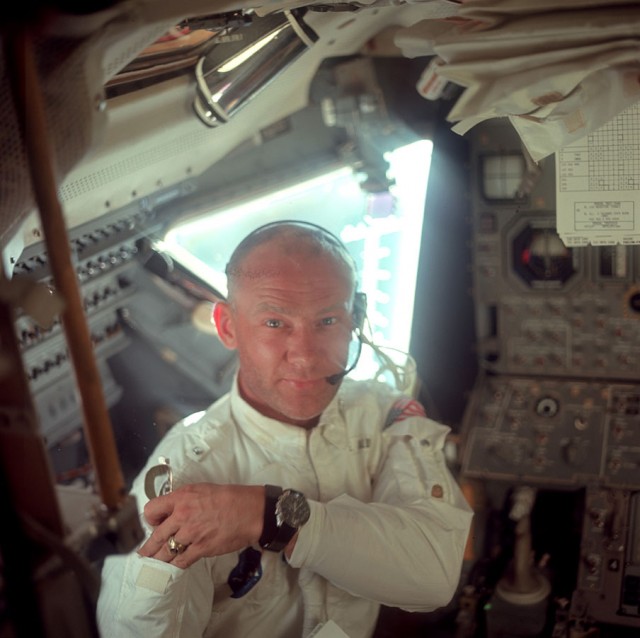 This is Buzz Aldrin, aka "Dr. Rendezvous." He basically figured out a bunch of stuff about how orbits work that NASA still uses to this day. Also, he will literally <a href="https://www.youtube.com/watch?v=tTd17alnD34">punch you in the face</a> if you anger him. (NASA photo AS11-36-5390).