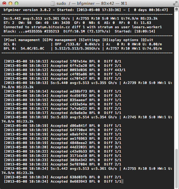 The Butterfly Labs Bitcoin Miner chewing its way through calculations at more than five billion hashes per second.