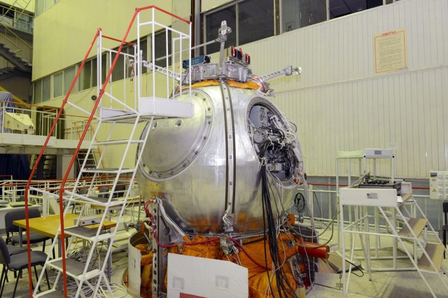 The mission's Bion-M life sciences satellite being prepped for launch.