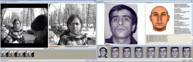 At left, a face from an ATM camera video is recognized and evaluated for facial recognition quality; at right, a photo of a face is enhanced with a 3D model to improve its searchability. 