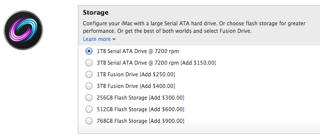 New storage configurations for the 27-inch iMac at Apple's online store. 