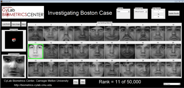 A screenshot of the search results using the extrapolated image of Dzhokhar Tsarnaev against a 50,000 image mug shot database. Tsarnaev's high-resolution mug shot ranked at 11 in the search.