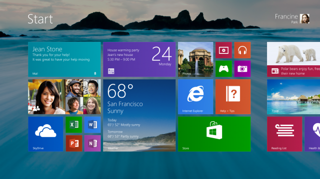 The Windows 8.1 Start screen allows for bigger tiles, such as the pretty weather app, smaller tiles, such as the quartet in the upper right corner, and the use of the desktop background.