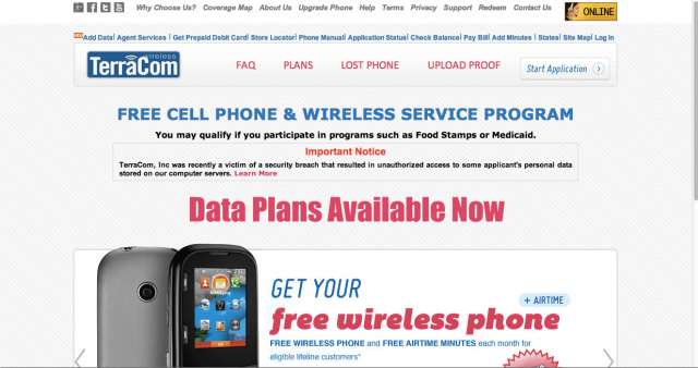 TerraCom's website offers free cell phones to low income customers; its call center company gave customers' personal data away.