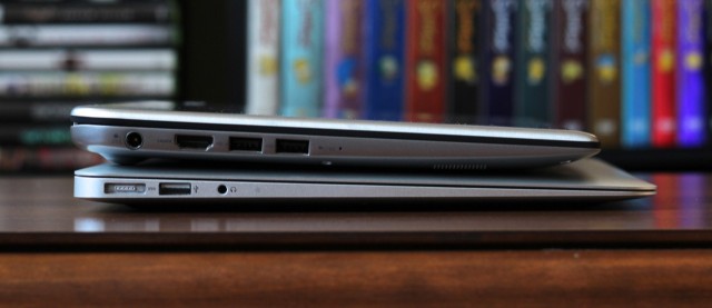 The Kirabook is a bit thicker than the 13-inch MacBook Air, but the two weigh about the same. There are two USB 3.0 ports and an HDMI port on the laptop's left side.
