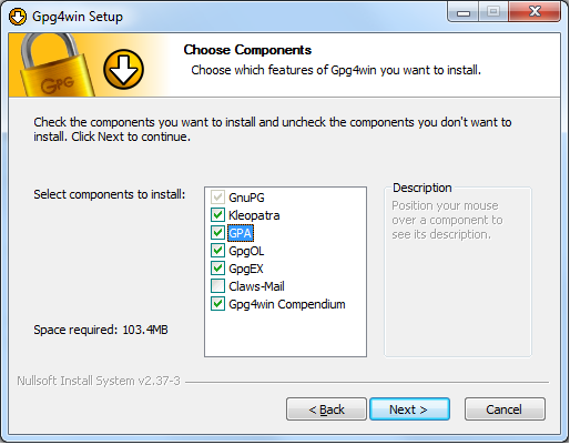 The Choose Components screen displayed during the Gpg4win installation.