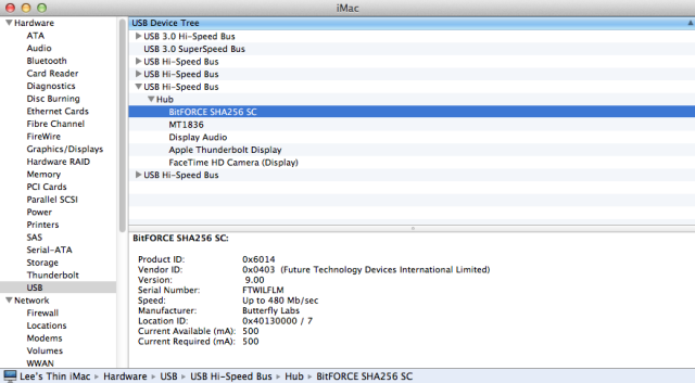 When connected via USB, the miner shows up as a "BitFORCE SHA256 SC," which is the ASIC identifier.