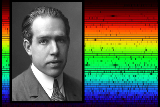 Danish physicist Niels Bohr, whose model of atoms helped explain the spectrum of light emitted and absorbed by different elements, as illustrated by the spectrum emitted by the Sun.