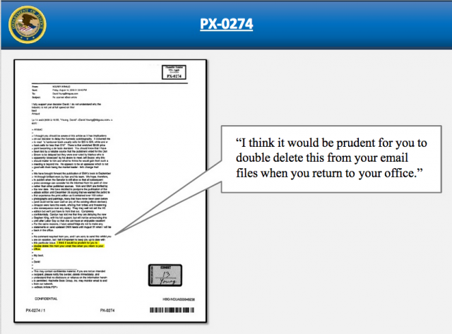 Another of the DOJ's slides, where one publishing company CEO asks another to "double delete" an e-mail regarding e-book price business dealings.