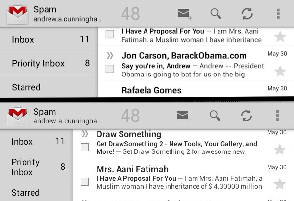 The "7-inch" Gmail app, top, makes more room for your labels and things on the left. Squeezing the "10-inch" interface onto a 7-inch screen, bottom, often results in text wrapping.