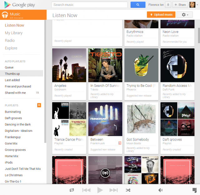The main page of Google Play Music with All Access functionality.