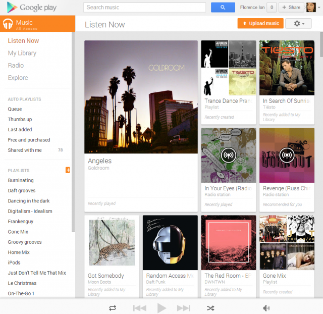 Google Play Music All Access: now playing in your browser of choice.