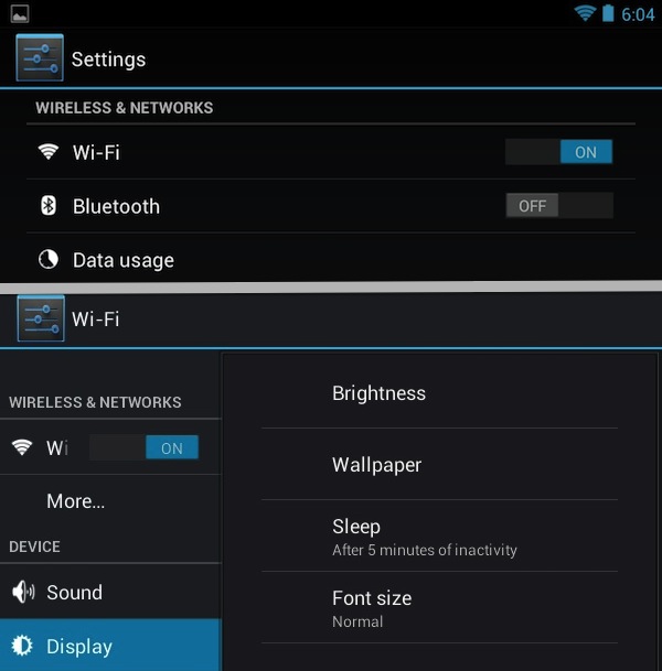 The "7-inch" settings screen, top, presents all the top level settings options to you. Tapping any of them takes you into another subscreen. The "10-inch" interface, bottom, squeezes the top-level settings and the subscreens onto the display at the same time, which looks cramped on a small display.