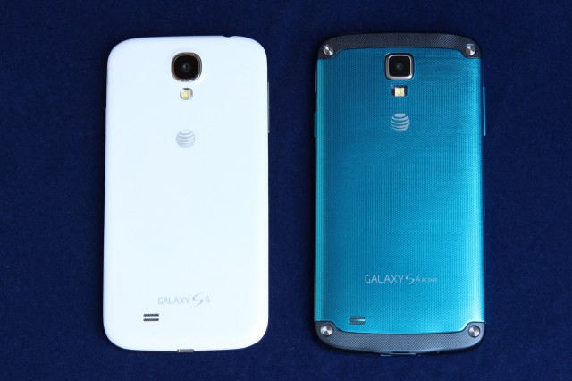 The S 4 Active (right) has a matte plastic back and a couple of harder plastic bits at the top and bottom to shield it from fall damage. It also comes in grey and orange.