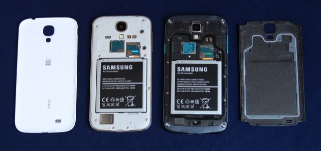 The S 4 Active's back cover (far right) has a small rubber piece to keep water and dust out of the phone's insides.