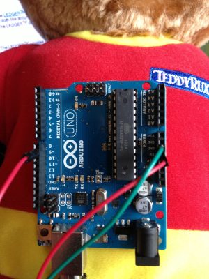 The Arduino Uno board, spliced into BearDuino's servos and ready to unleash furry hell.