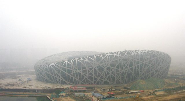 Pollution in Beijing during the construction of its Olympic stadium.