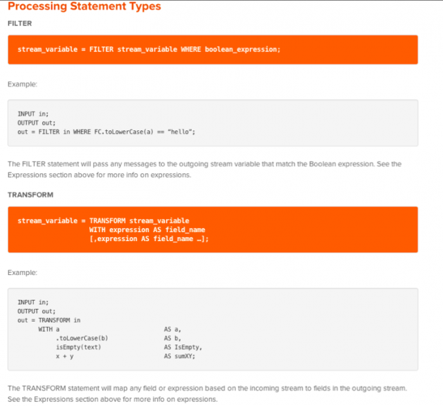 Documentation of two of the five methods used in FunnelCake to process data streams.