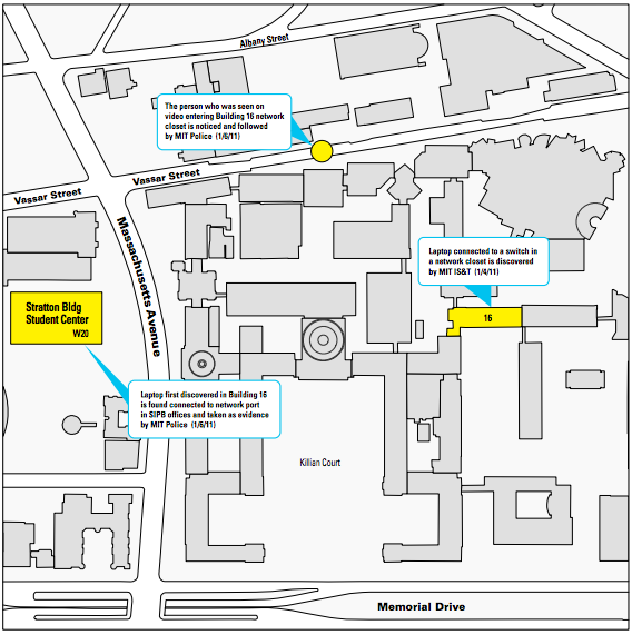 Map of MIT central campus, from the MIT report on the prosecution of Aaron Swartz. 
