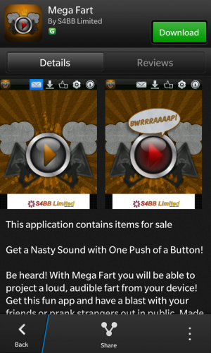 Mega Fart, one of the award-winning BlackBerry World apps from S4BB.