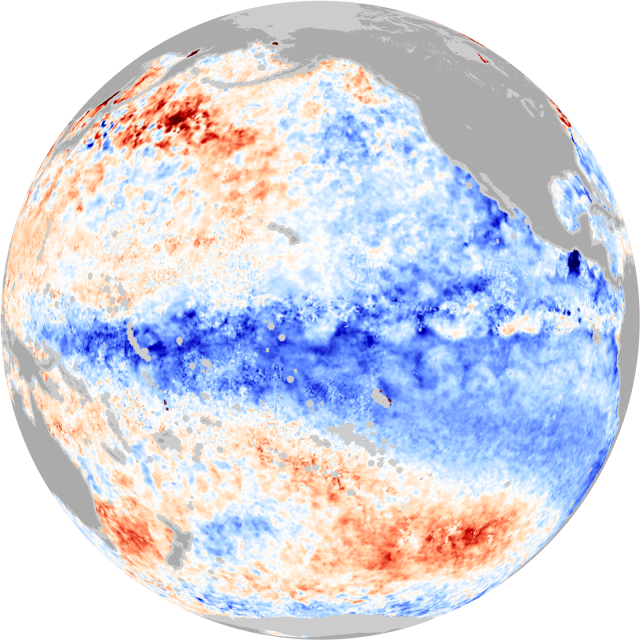 Map of Pacific sea surface temperature in December, 2010, showing a cool La Niña across the equatorial Pacific.