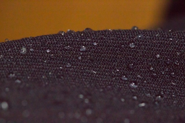 A close-up of the doubleweave twill used in the Ladies' daily riding pants. The Nano Sphere treatment helps keep water, coffee, ketchup, and their ilk from soaking in.