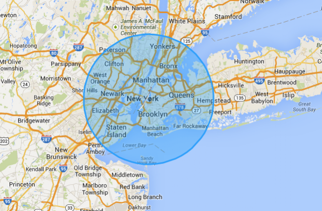 The coverage area of a Solara 50, superimposed over New York.