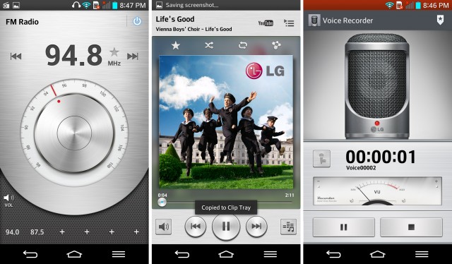 The FM radio app, music player, and voice recorder.